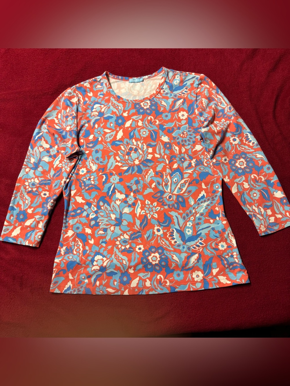 J. McLaughlin 3/4 Sleeve Floral Top in Coral & Blue